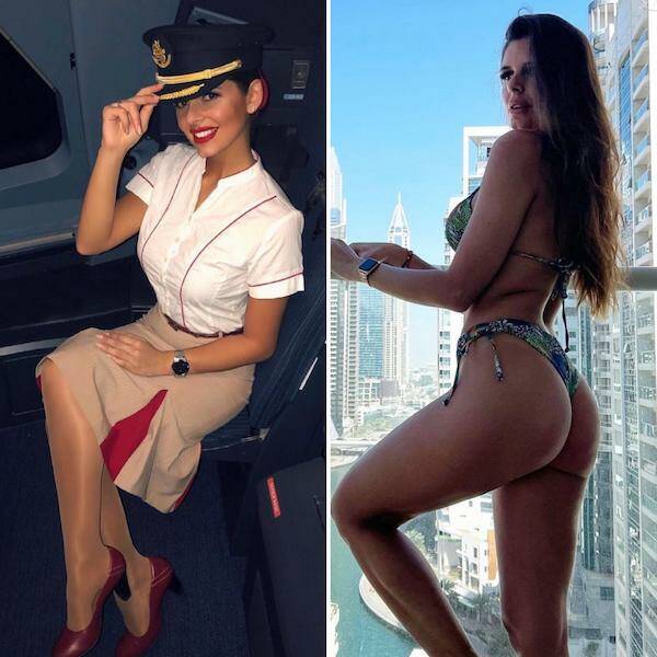 Hot Flight Attendants With And Without Their Uniform