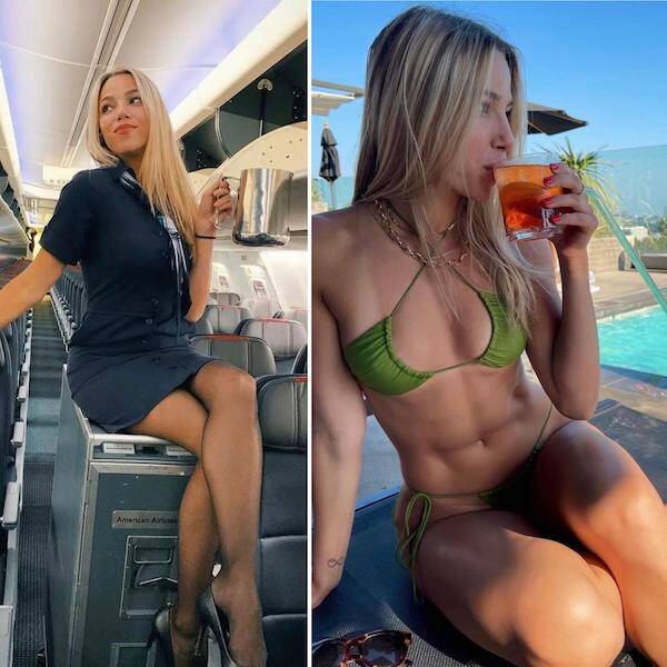 Hot Flight Attendants With And Without Their Uniform